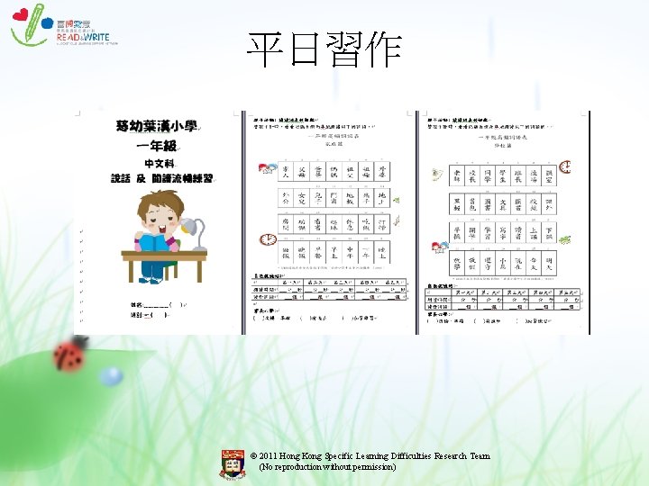 平日習作 © 2011 Hong Kong Specific Learning Difficulties Research Team (No reproduction without permission) 平日習作 © 2011 Hong Kong Specific Learning Difficulties Research Team (No reproduction without permission)