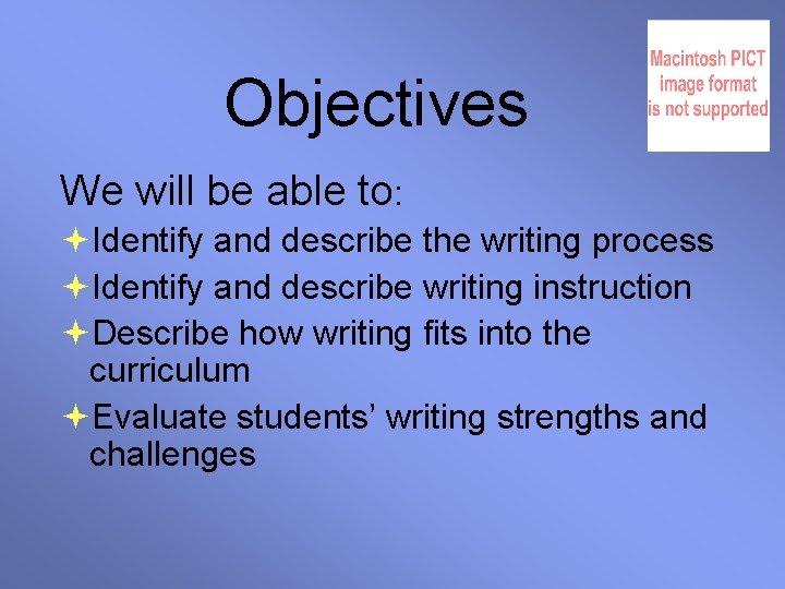 Objectives We will be able to: Identify and describe the writing process Identify and