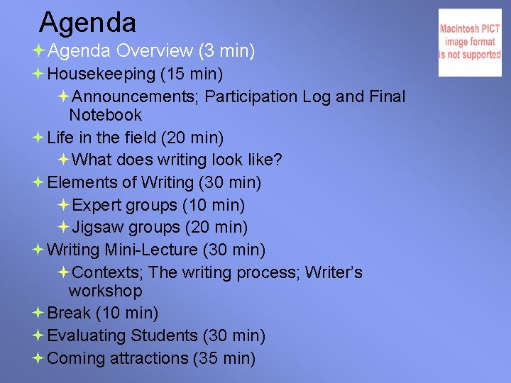 Agenda Overview (3 min) Housekeeping (15 min) Announcements; Participation Log and Final Notebook Life
