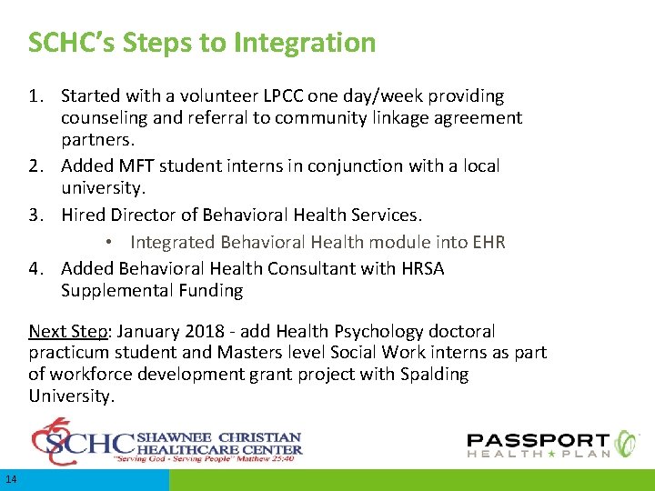 SCHC’s Steps to Integration 1. Started with a volunteer LPCC one day/week providing counseling