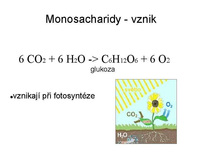 Monosacharidy - vznik 6 CO 2 + 6 H 2 O -> C 6
