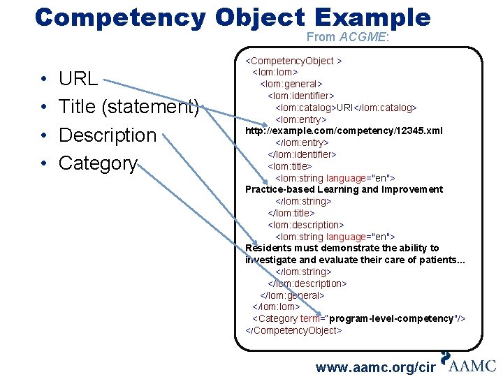 Competency Object Example From ACGME: • • URL Title (statement) Description Category <Competency. Object