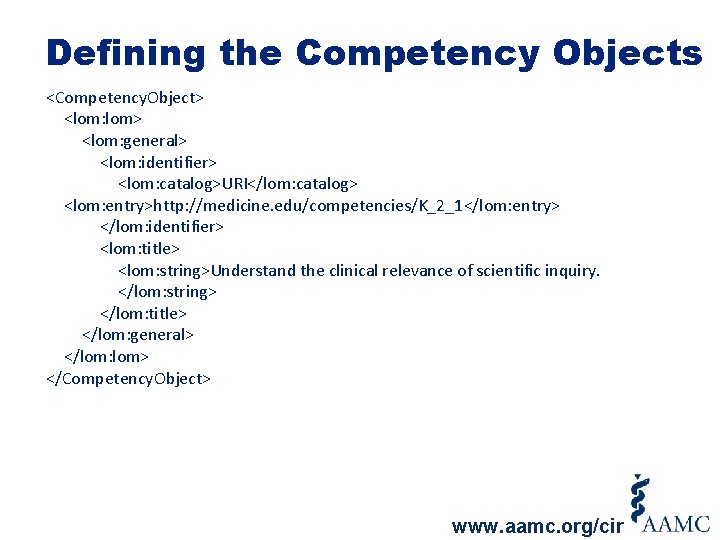 Defining the Competency Objects <Competency. Object> <lom: lom> <lom: general> <lom: identifier> <lom: catalog>URI</lom: