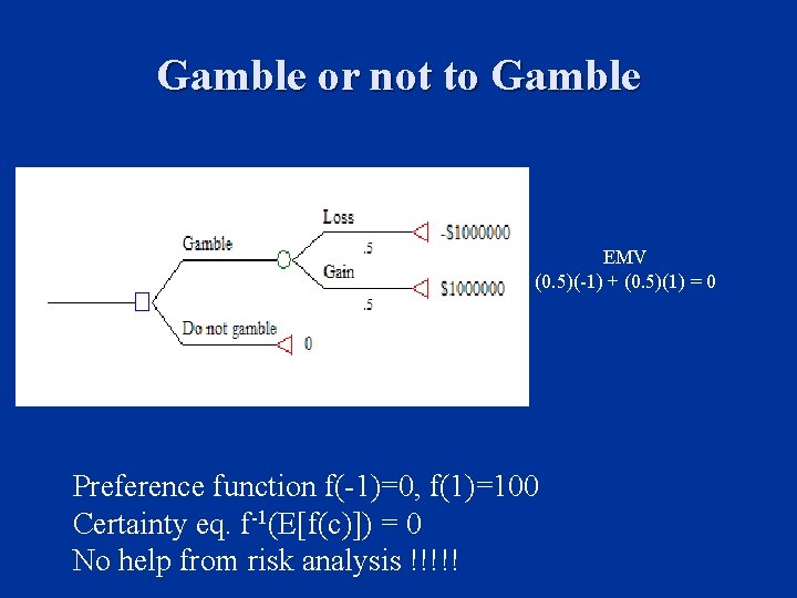 Gamble or not to Gamble EMV (0. 5)(-1) + (0. 5)(1) = 0 Preference