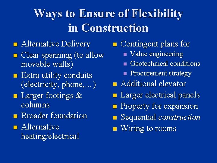 Ways to Ensure of Flexibility in Construction n n n Alternative Delivery Clear spanning