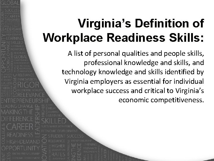 Virginia’s Definition of Workplace Readiness Skills: A list of personal qualities and people skills,