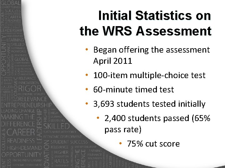 Initial Statistics on the WRS Assessment • Began offering the assessment April 2011 •