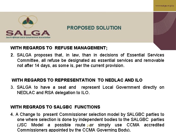 www. salga. org. za PROPOSED SOLUTION WITH REGARDS TO REFUSE MANAGEMENT; 2. SALGA proposes