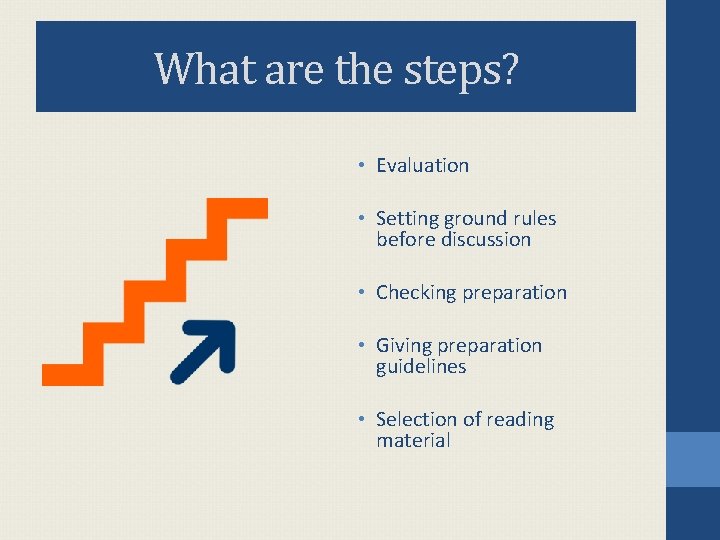 What are the steps? • Evaluation • Setting ground rules before discussion • Checking