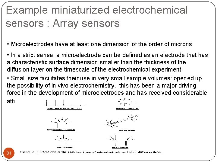 Example miniaturized electrochemical sensors : Array sensors • Microelectrodes have at least one dimension
