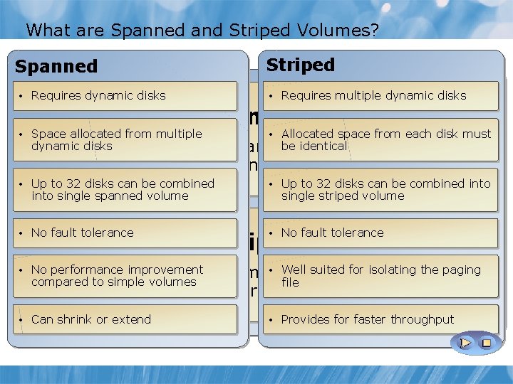 What are Spanned and Striped Volumes? Spanned Striped • Requires dynamic disks • Requires