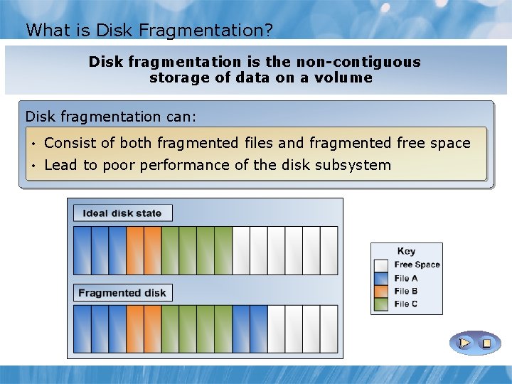 What is Disk Fragmentation? Disk fragmentation is the non-contiguous storage of data on a