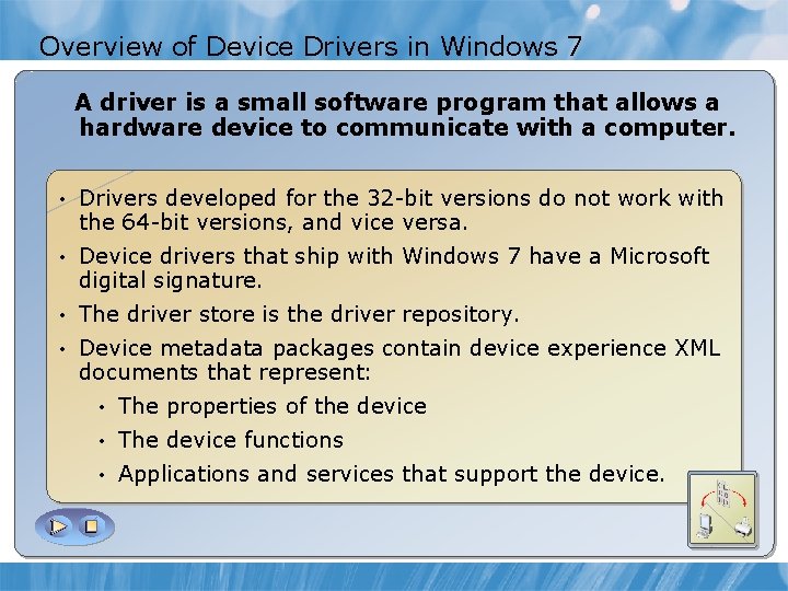 Overview of Device Drivers in Windows 7 A driver is a small software program