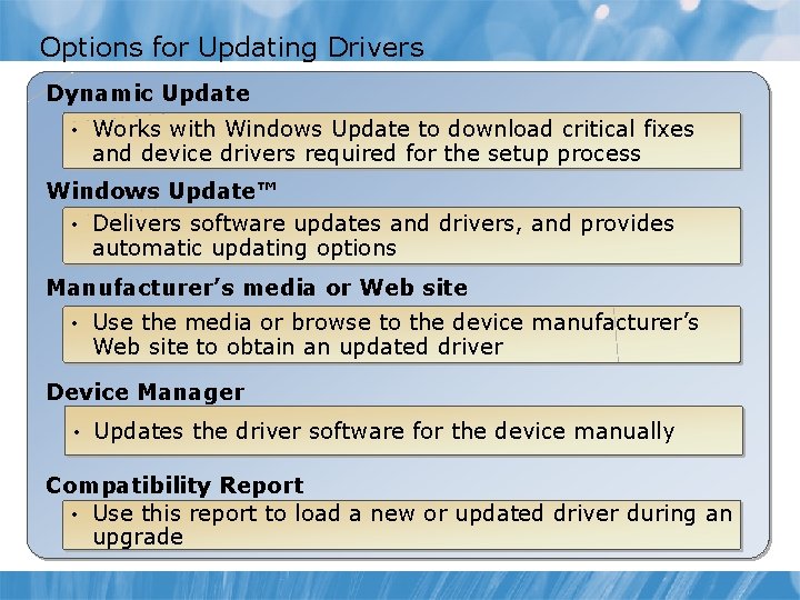 Options for Updating Drivers Dynamic Update • Works with Windows Update to download critical