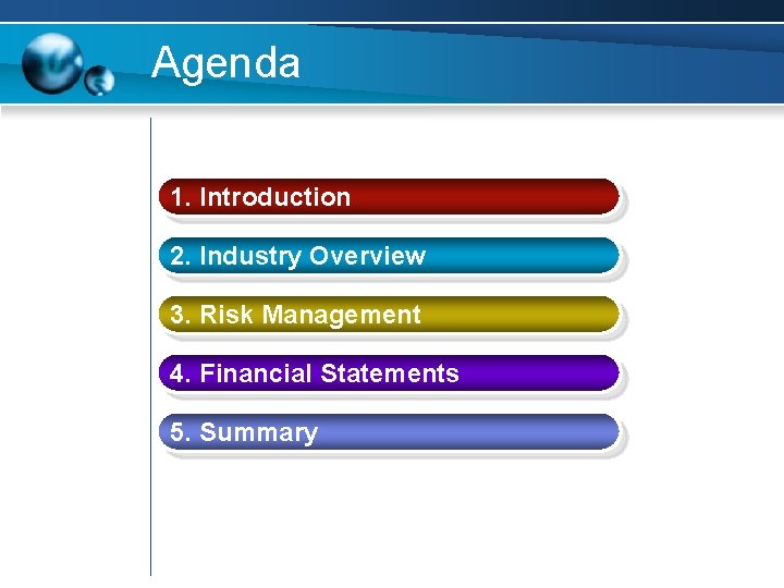 Agenda 1. Introduction 2. Industry Overview 3. Risk Management 4. Financial Statements 5. Summary Agenda 1. Introduction 2. Industry Overview 3. Risk Management 4. Financial Statements 5. Summary