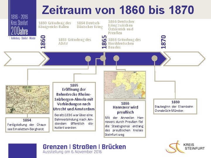 1863 Gründung des ADAV 1865 Eröffnung der Bahnstrecke Rheine. Salzbergen-Almelo mit Verbindungen nach Utrecht 1863 Gründung des ADAV 1865 Eröffnung der Bahnstrecke Rheine. Salzbergen-Almelo mit Verbindungen nach Utrecht