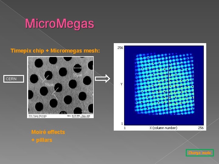 Micro. Megas Timepix chip + Micromegas mesh: CERN Moiré effects + pillars Charge mode