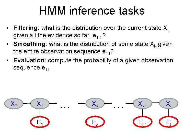 HMM inference tasks • Filtering: what is the distribution over the current state Xt