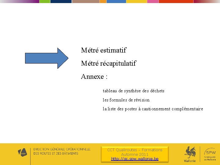 Métré estimatif Métré récapitulatif Annexe : tableau de synthèse des déchets les formules de