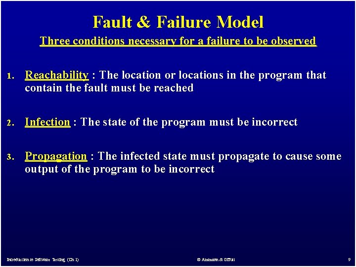 Fault & Failure Model Three conditions necessary for a failure to be observed 1.