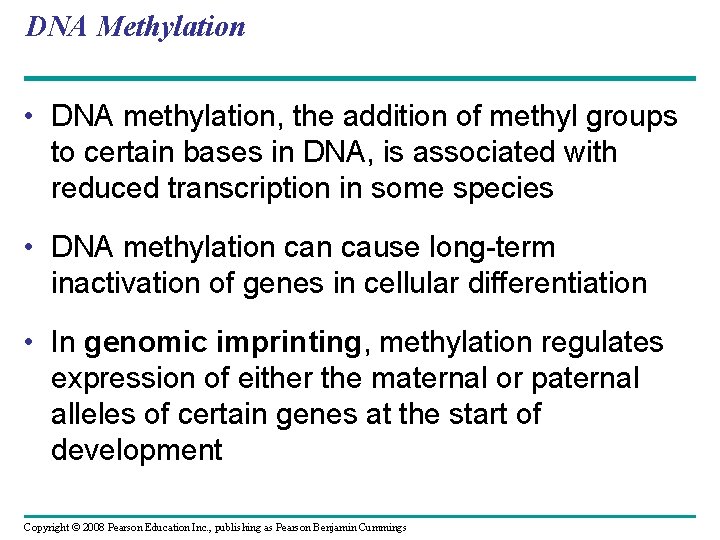 DNA Methylation • DNA methylation, the addition of methyl groups to certain bases in