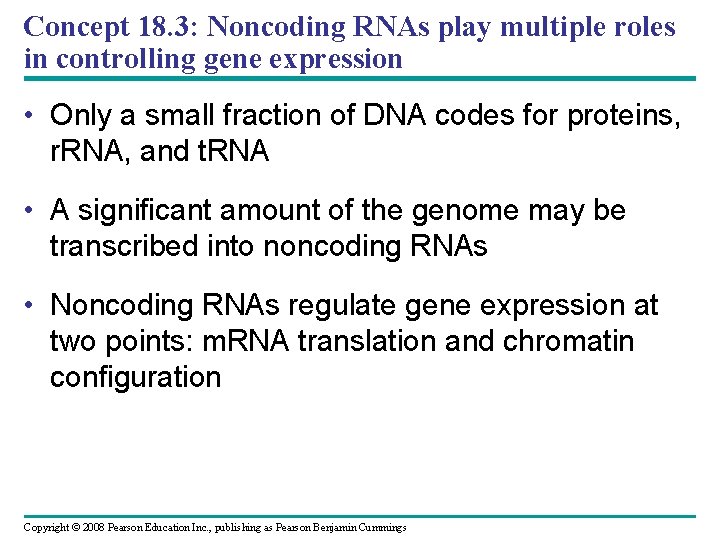Concept 18. 3: Noncoding RNAs play multiple roles in controlling gene expression • Only