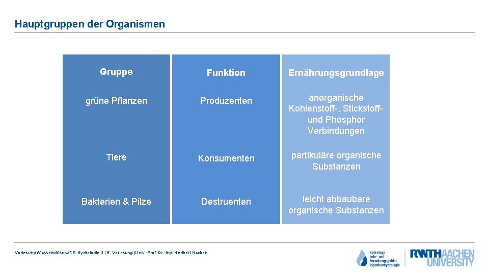 Hauptgruppen der Organismen Gruppe Funktion Ernährungsgrundlage grüne Pflanzen Produzenten anorganische Kohlenstoff-, Stickstoff- und Phosphor