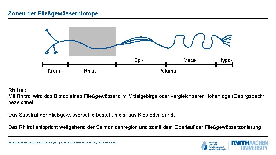 Zonen der Fließgewässerbiotope Epi- Krenal Rhitral Meta- Hypo- Potamal Rhitral: Mit Rhitral wird das