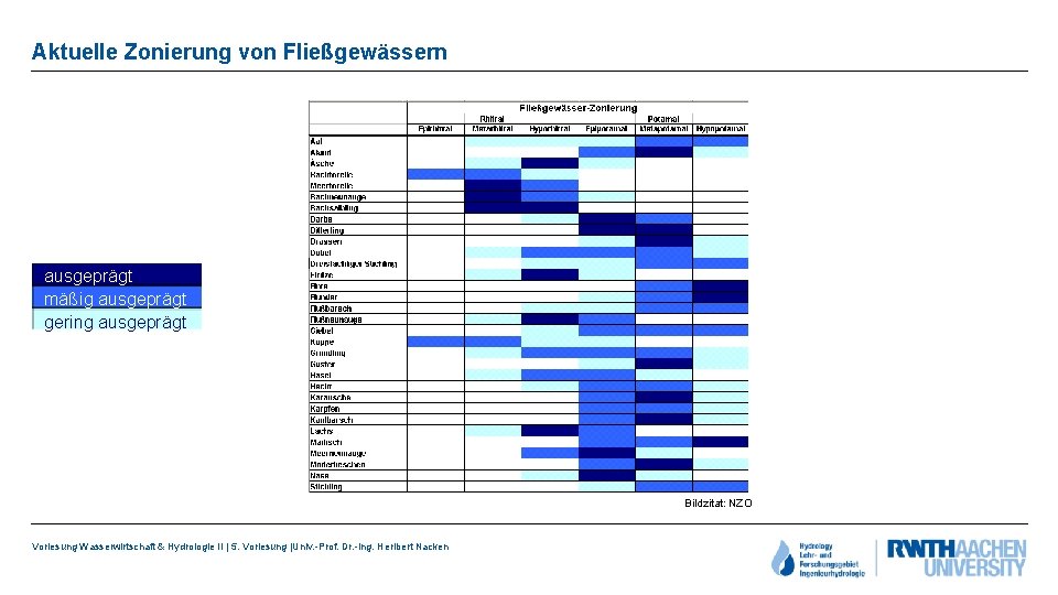 Aktuelle Zonierung von Fließgewässern ausgeprägt mäßig ausgeprägt gering ausgeprägt Bildzitat: NZO Vorlesung Wasserwirtschaft &