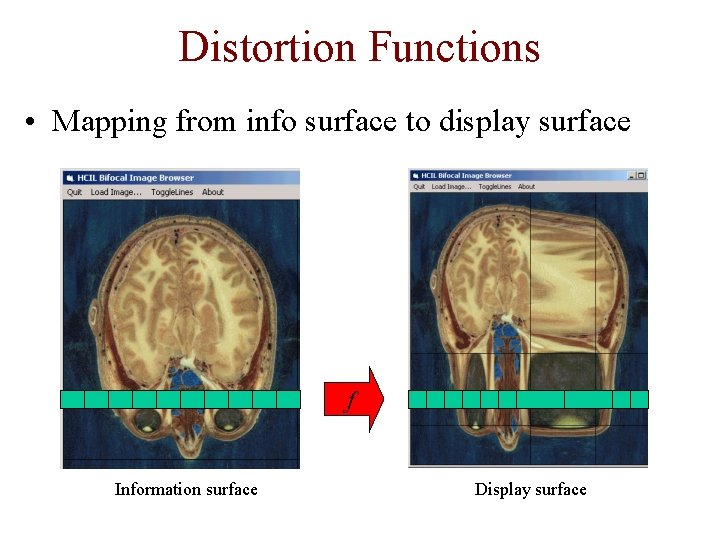 Distortion Functions • Mapping from info surface to display surface f Information surface Display