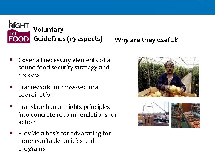 Voluntary Guidelines (19 aspects) Why are they useful? § Cover all necessary elements of