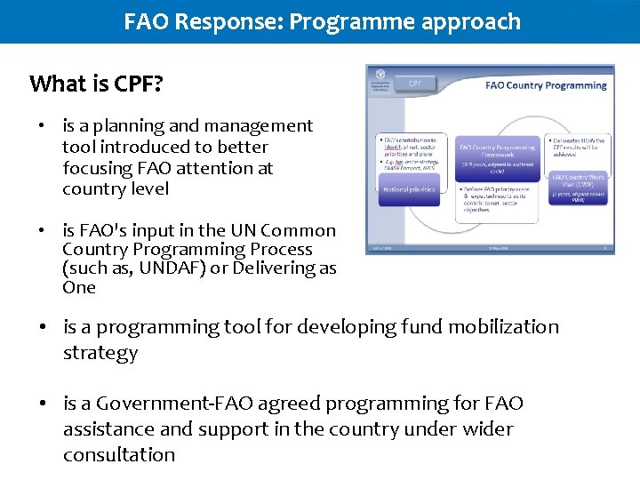 FAO Response: Programme approach What is CPF? • is a planning and management tool