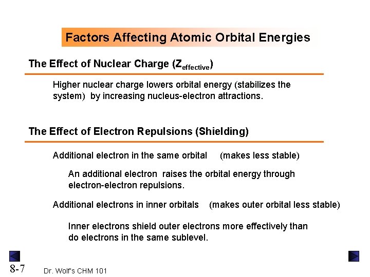 Factors Affecting Atomic Orbital Energies The Effect of Nuclear Charge (Zeffective) Higher nuclear charge