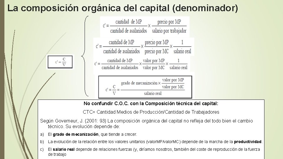 La composición orgánica del capital (denominador) No confundir C. O. C. con la Composición