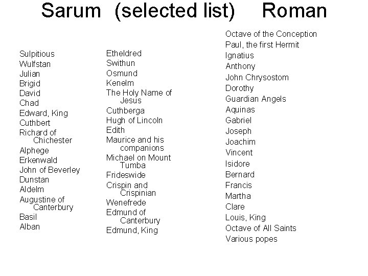 Sarum (selected list) Sulpitious Wulfstan Julian Brigid David Chad Edward, King Cuthbert Richard of Sarum (selected list) Sulpitious Wulfstan Julian Brigid David Chad Edward, King Cuthbert Richard of