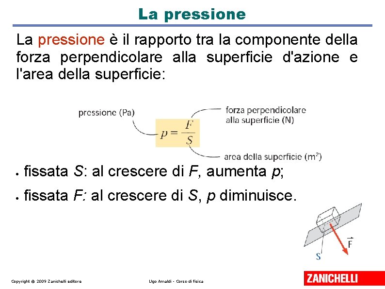 La pressione è il rapporto tra la componente della forza perpendicolare alla superficie d'azione La pressione è il rapporto tra la componente della forza perpendicolare alla superficie d'azione