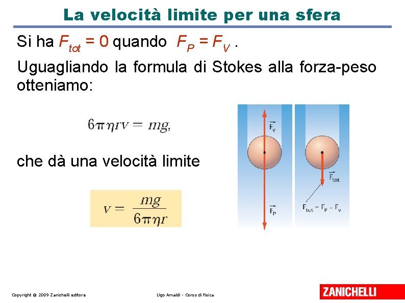 La velocità limite per una sfera Si ha Ftot = 0 quando FP = La velocità limite per una sfera Si ha Ftot = 0 quando FP =