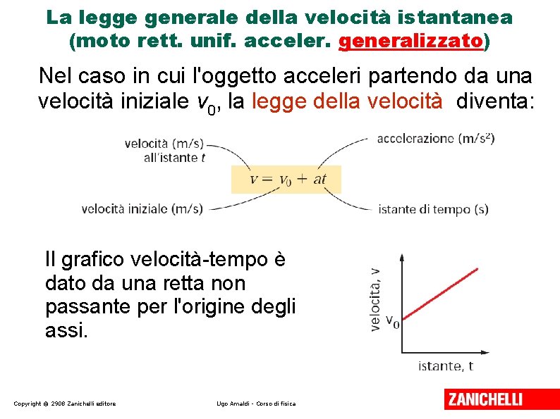 La legge generale della velocità istantanea (moto rett. unif. acceler. generalizzato) Nel caso in