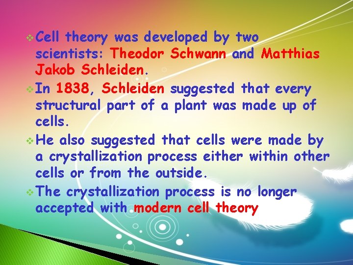 v Cell theory was developed by two scientists: Theodor Schwann and Matthias Jakob Schleiden. v Cell theory was developed by two scientists: Theodor Schwann and Matthias Jakob Schleiden.