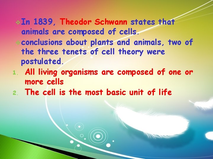 v In 1839, Theodor Schwann states that animals are composed of cells. v conclusions v In 1839, Theodor Schwann states that animals are composed of cells. v conclusions