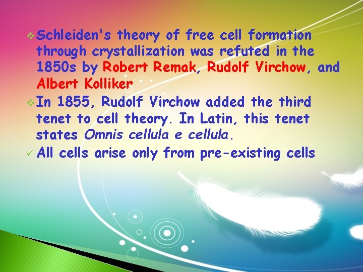 v Schleiden's theory of free cell formation through crystallization was refuted in the 1850 v Schleiden's theory of free cell formation through crystallization was refuted in the 1850