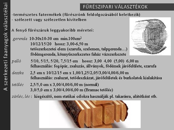 A szerkezeti faanyagok választékai FŰRÉSZIPARI VÁLASZTÉKOK - természetes fatermékek (fűrészrönk feldolgozásából keletkezik) - szélezett