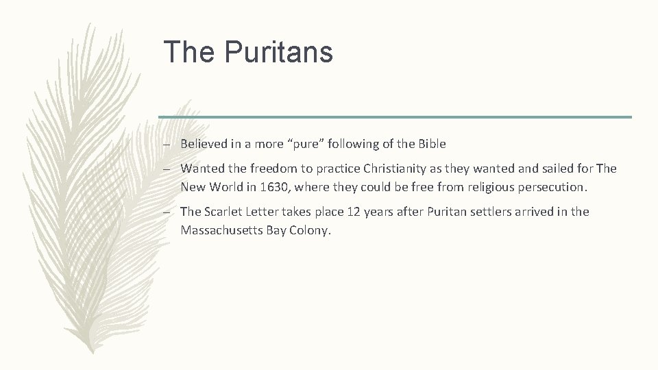 The Puritans – Believed in a more “pure” following of the Bible – Wanted