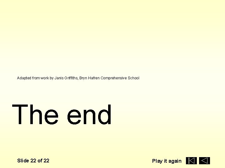 Adapted from work by Janis Griffiths, Bryn Hafren Comprehensive School The end Slide 22