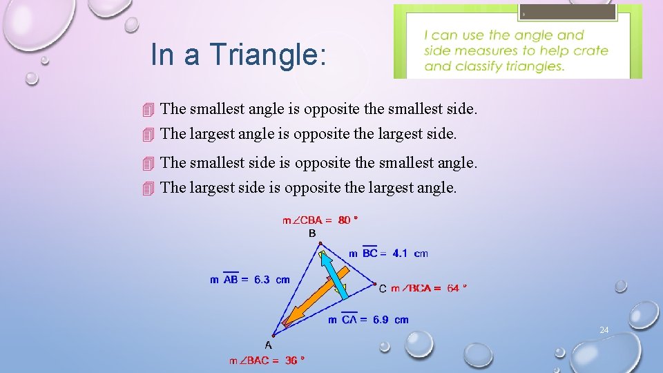 In a Triangle: 4 The smallest angle is opposite the smallest side. 4 The In a Triangle: 4 The smallest angle is opposite the smallest side. 4 The