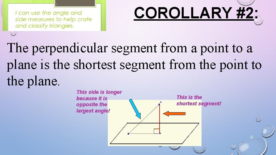 COROLLARY #2: The perpendicular segment from a point to a plane is the shortest COROLLARY #2: The perpendicular segment from a point to a plane is the shortest