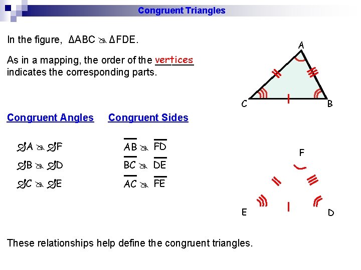 Congruent Triangles In the figure, ΔABC ΔFDE. A As in a mapping, the order Congruent Triangles In the figure, ΔABC ΔFDE. A As in a mapping, the order