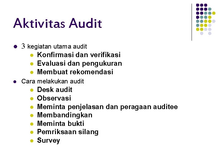 Aktivitas Audit l 3 kegiatan utama audit l l Konfirmasi dan verifikasi Evaluasi dan