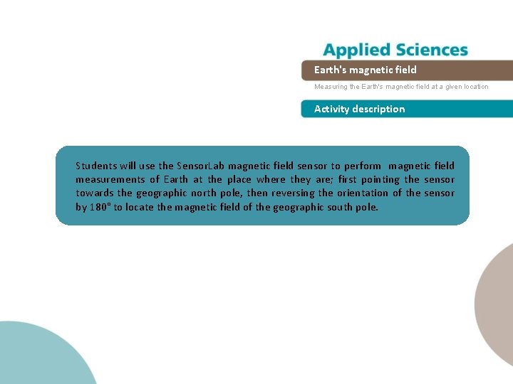 Earth's magnetic field Measuring the Earth's magnetic field at a given location Activity description