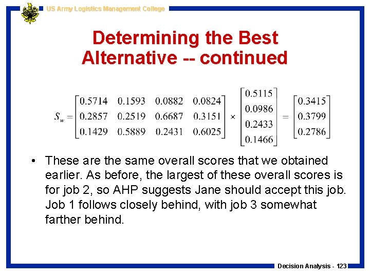 US Army Logistics Management College Determining the Best Alternative -- continued • These are